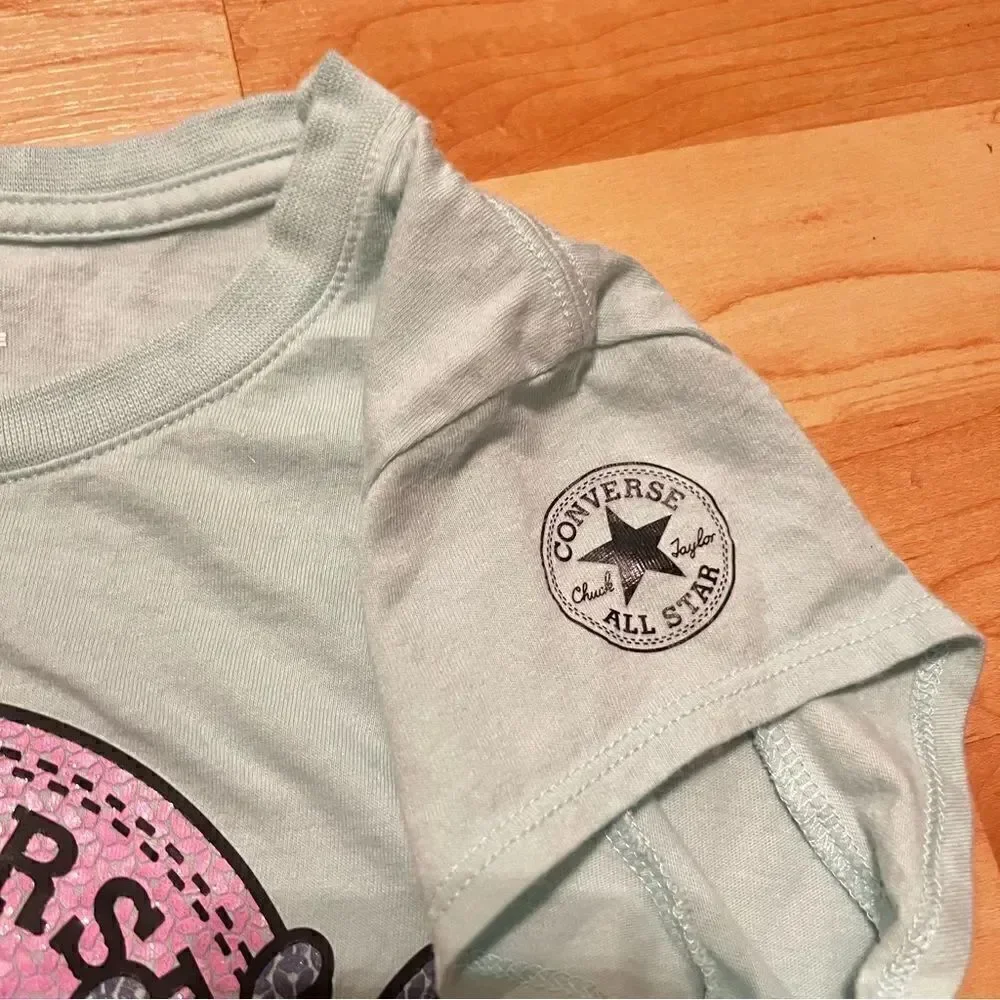 Converse All Star Blue Glitter Graphic Tee Shirt Girls Large